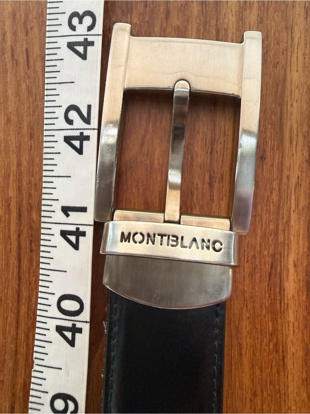 Montblanc Black Leather Belt with Brushed Silver Logo Buckle